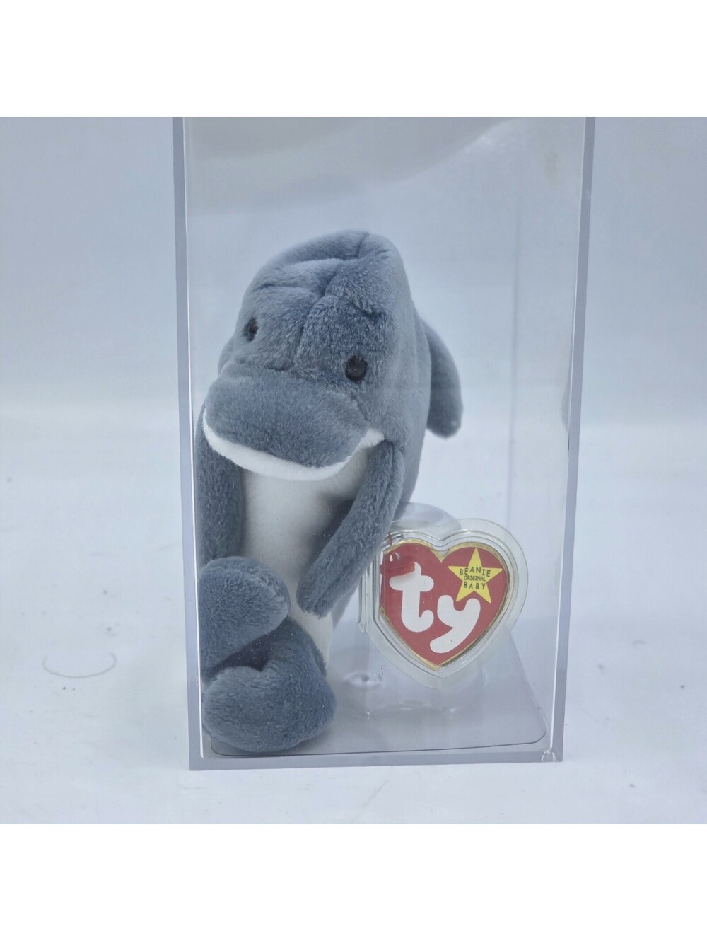 TY Beanie Baby Echo Dolphin 1996 Retired Plush w/ Tag & Acrylic Display Case